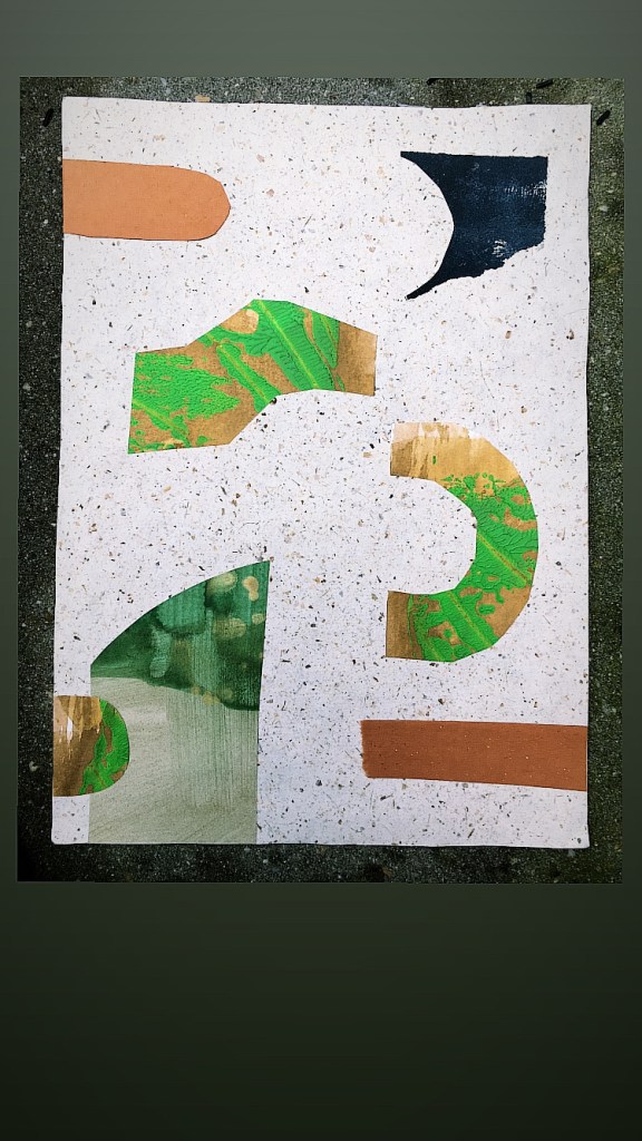 Abstract shapes in green, brown and gold