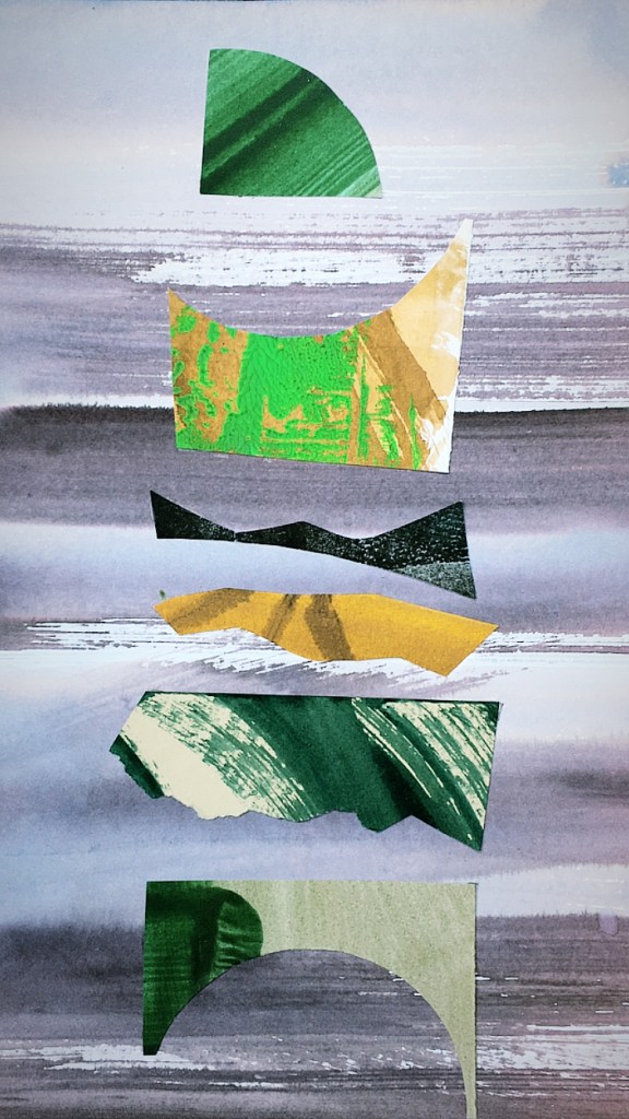 Mixed media collage in grey, greens and brown