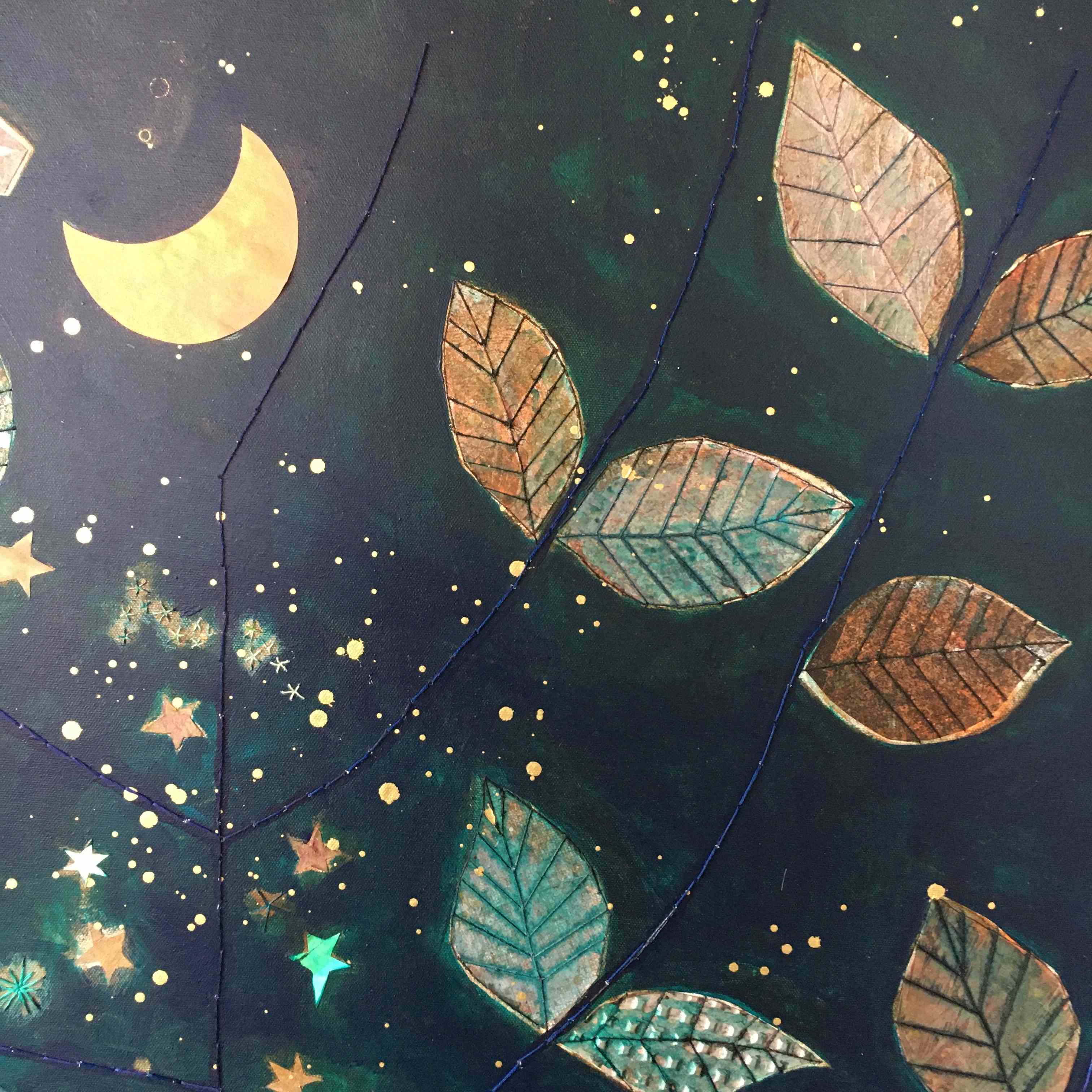 Night garden mixed media collage and embroidery detail