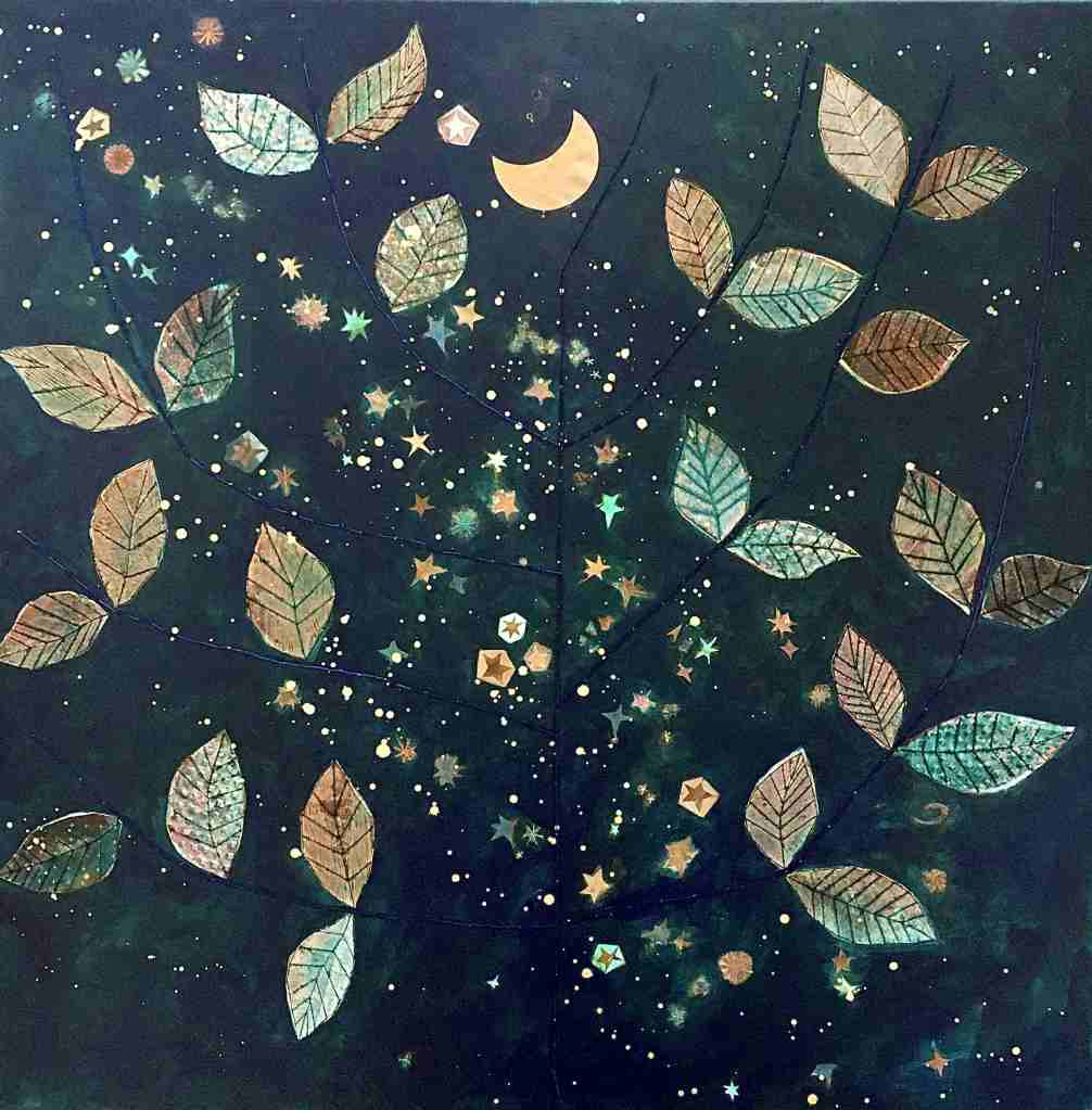 Night garden mixed media collage and embroidery