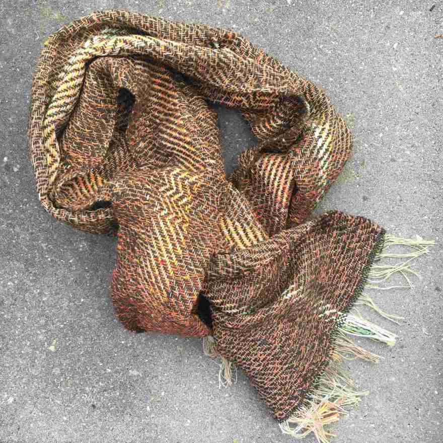 Wool, shantung silk with cotton, linen and silk warp in warm tones