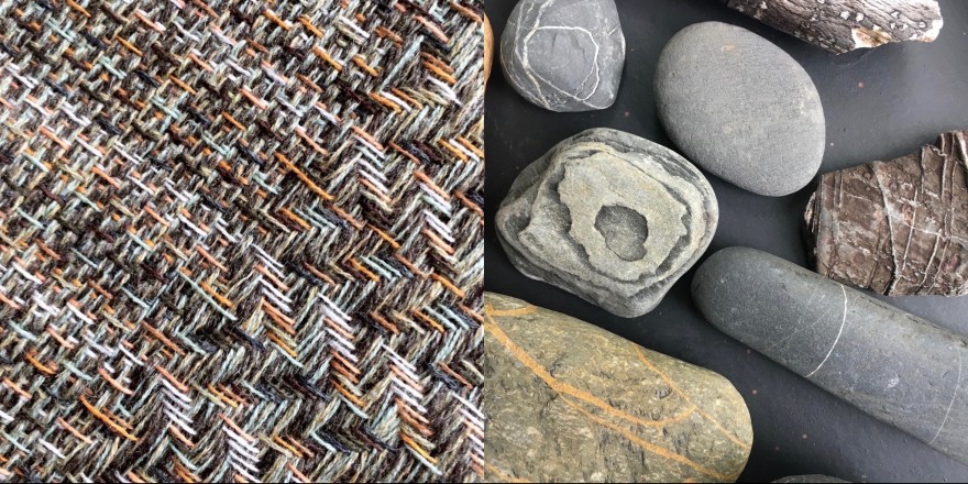 Handwoven cushion fabric and pebbles that inspired the colours
