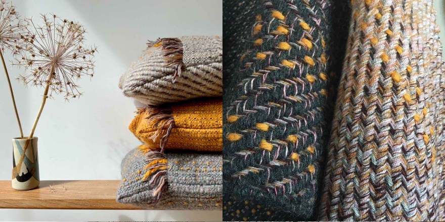 Handwoven cushion fabric and woven sculptural wall art