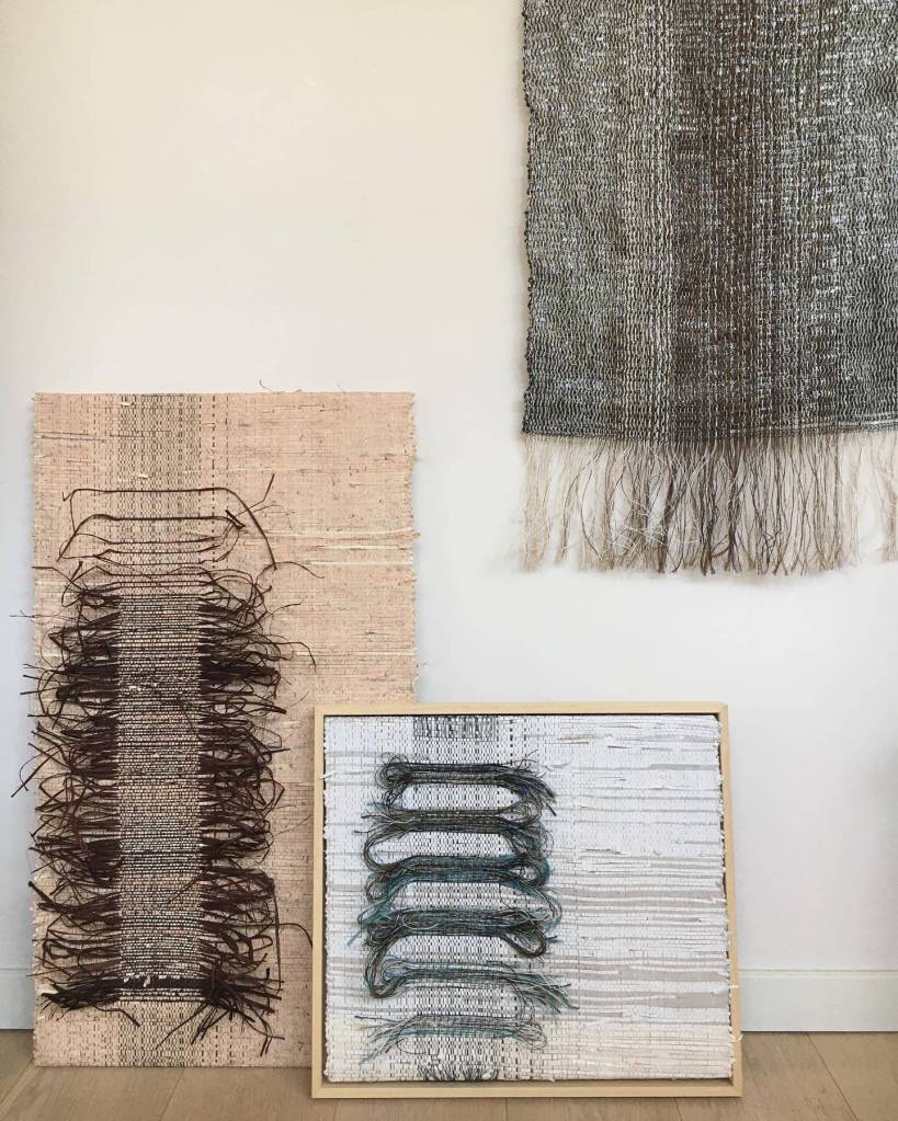 New framed handwoven paper, maps and cassette tape