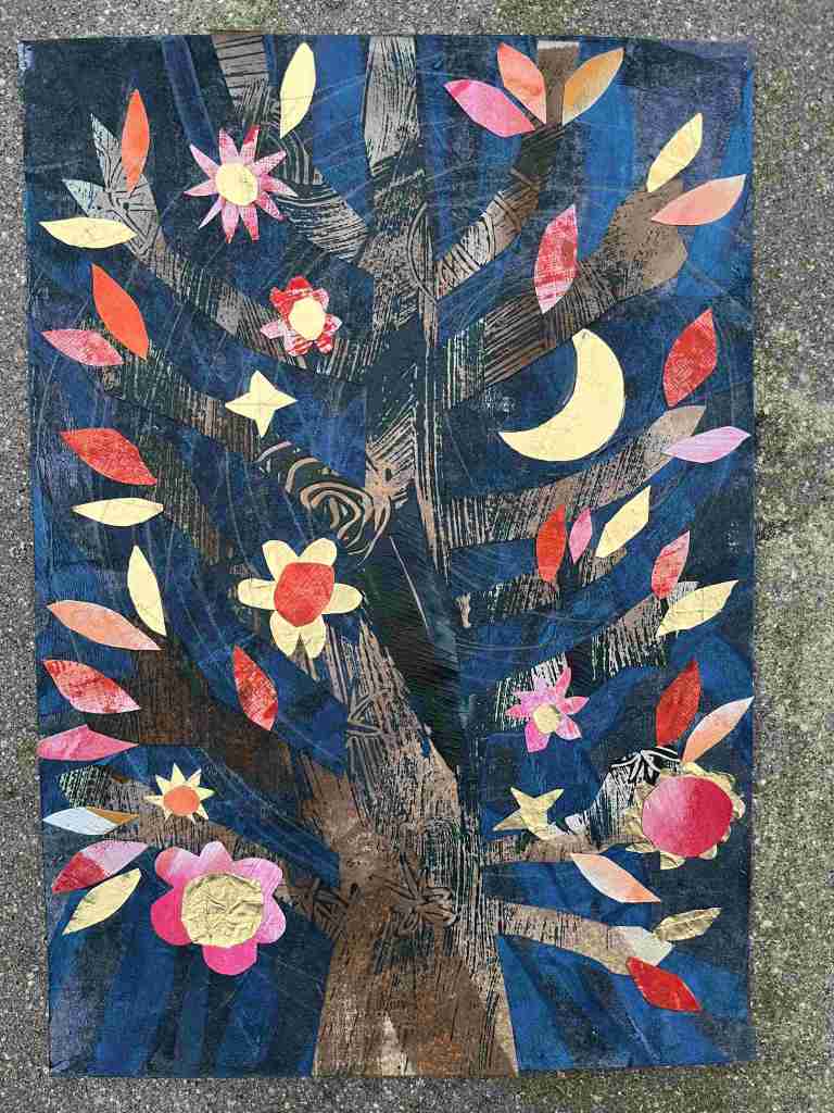 A sort of christmas tree mixed media collage