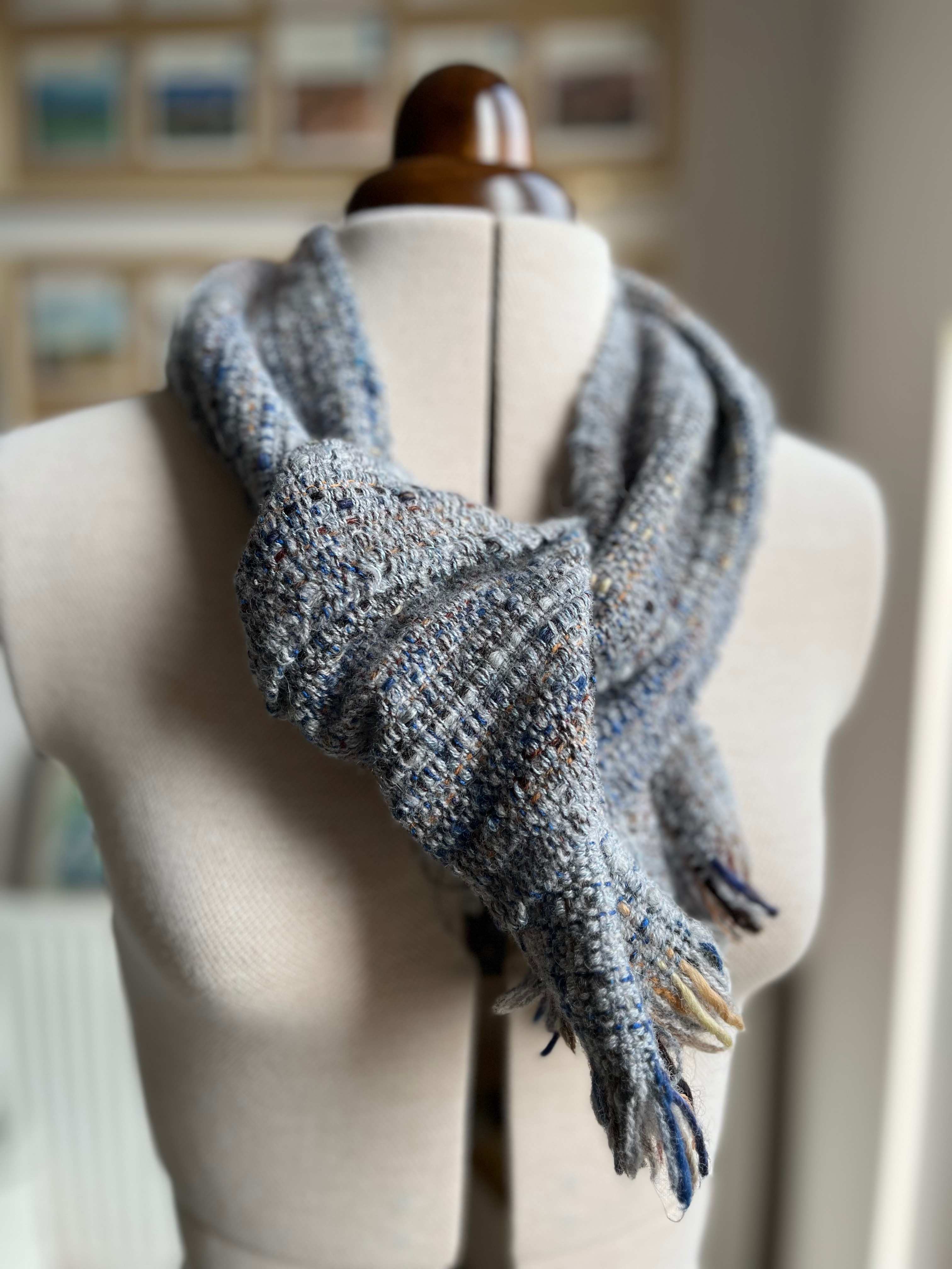 Handwoven scarf in greys and blues
