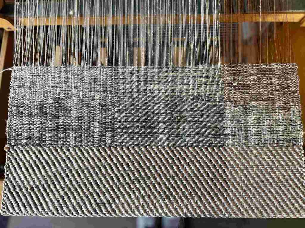 Blocks of painted yarn in situ on the loom
