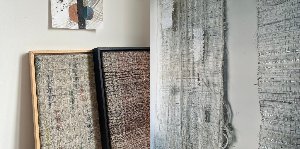 Two textured art pieces with woven patterns and a small abstract artwork above them, displayed on a wall.