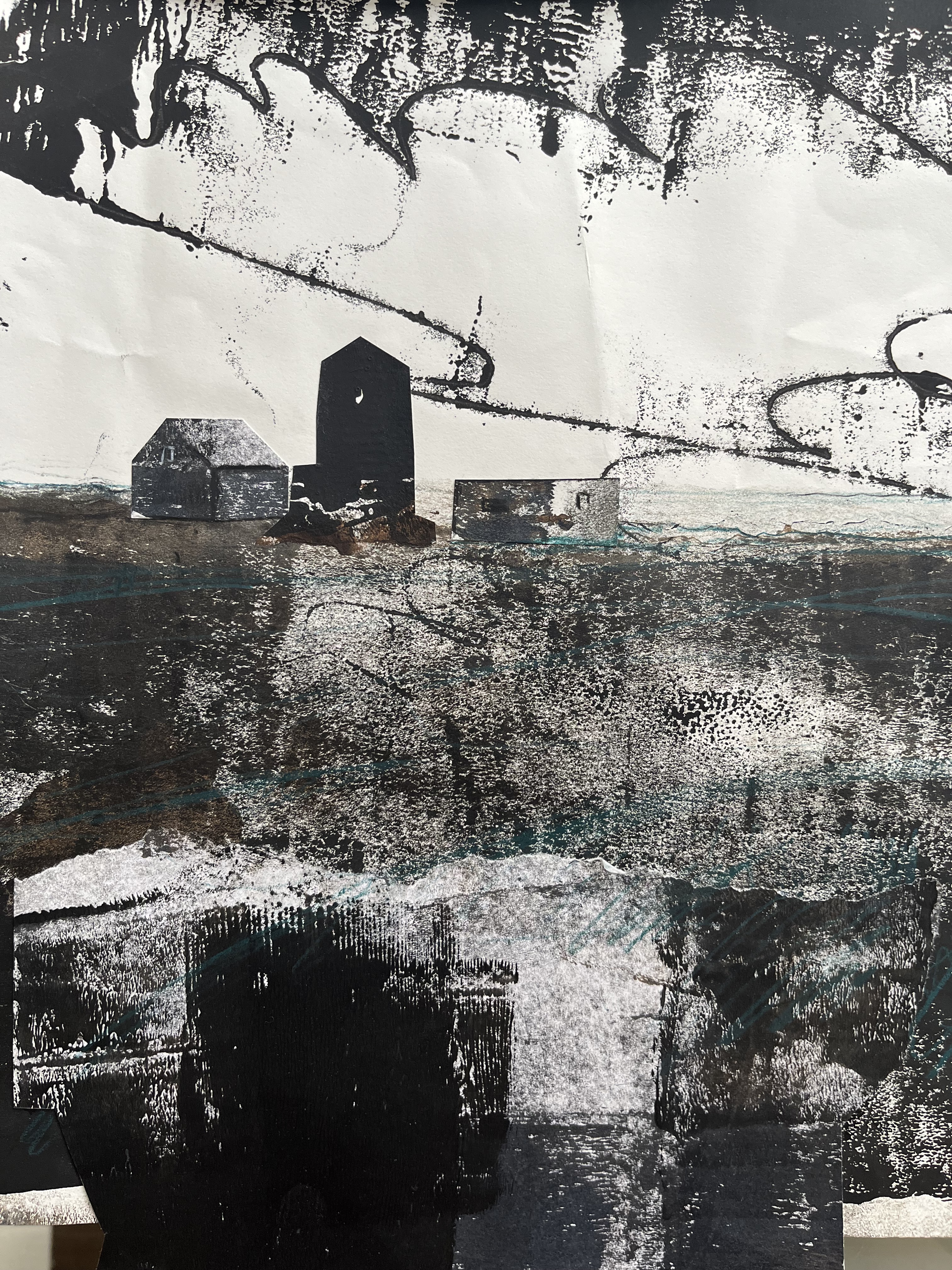 Sketch of Orford Ness in mixed media and mono print